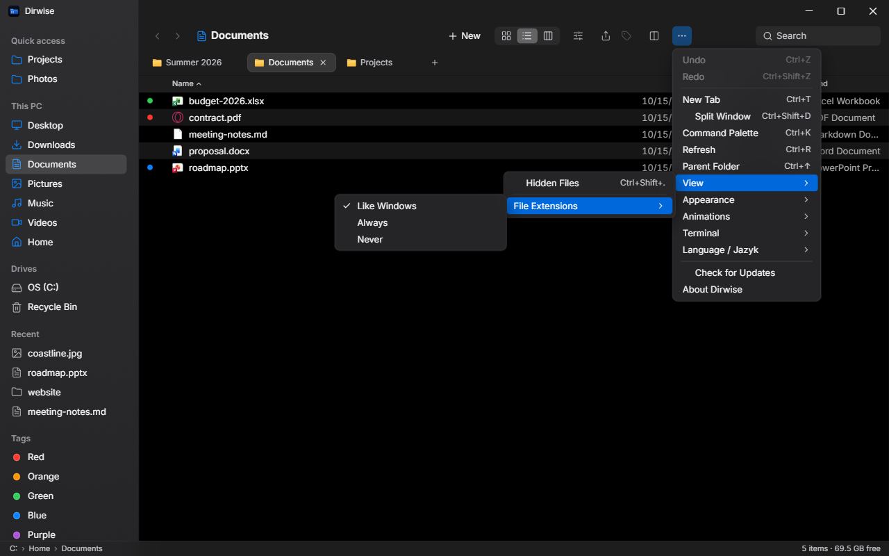 More menu, View, File Extensions submenu with Like Windows, Always and Never