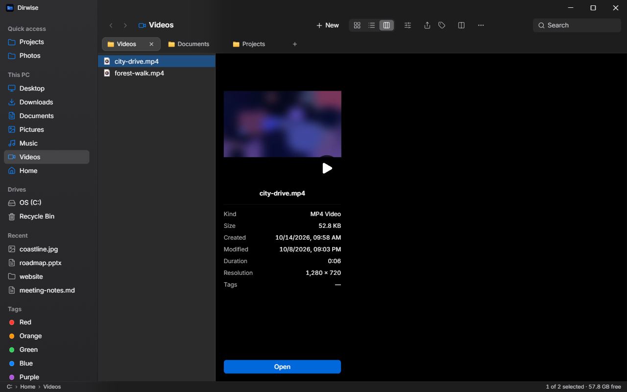 Column view with a video preview, duration and resolution