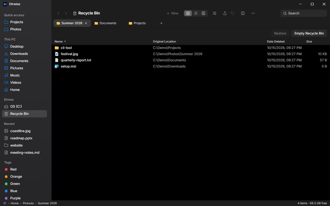 Recycle Bin with four deleted items, their original location and date deleted