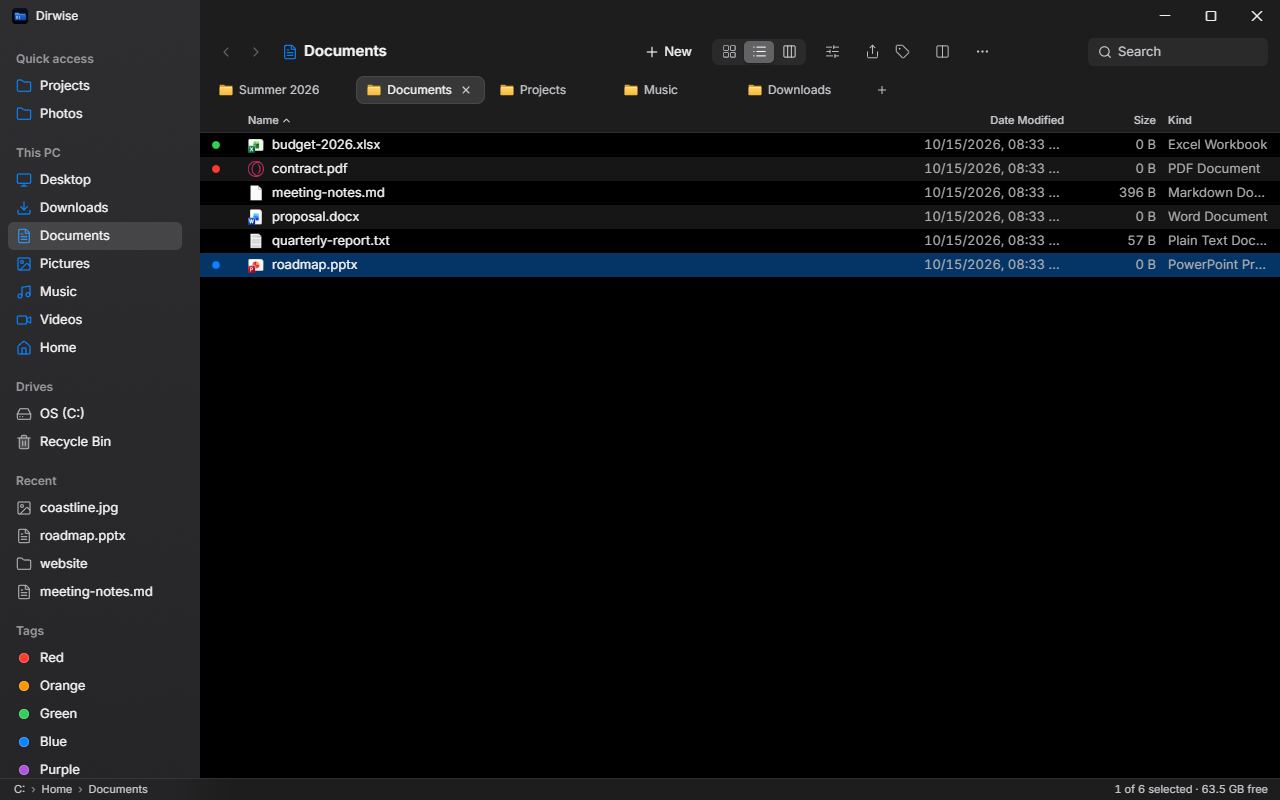 Five tabs with different folders, Documents shown as a list